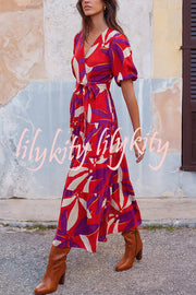 Unique Printed Waist Lace Up Slit Maxi Dress