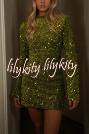 Dora Velvet Sequin High Neck Long Bell Sleeve H-line Mini Dress