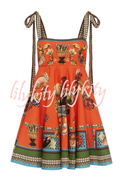 Linen Blend Unique Print Suspender Tie Casual Mini Dress