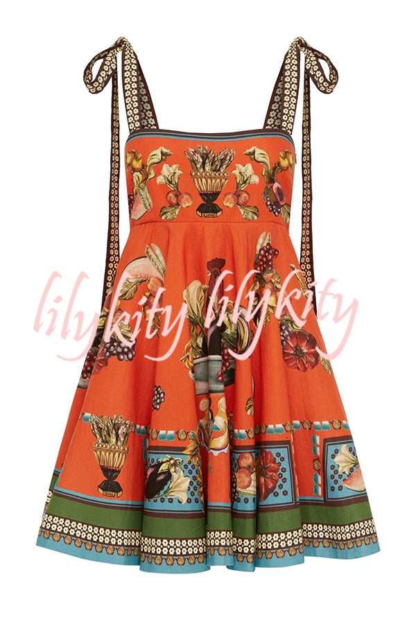 Linen Blend Unique Print Suspender Tie Casual Mini Dress