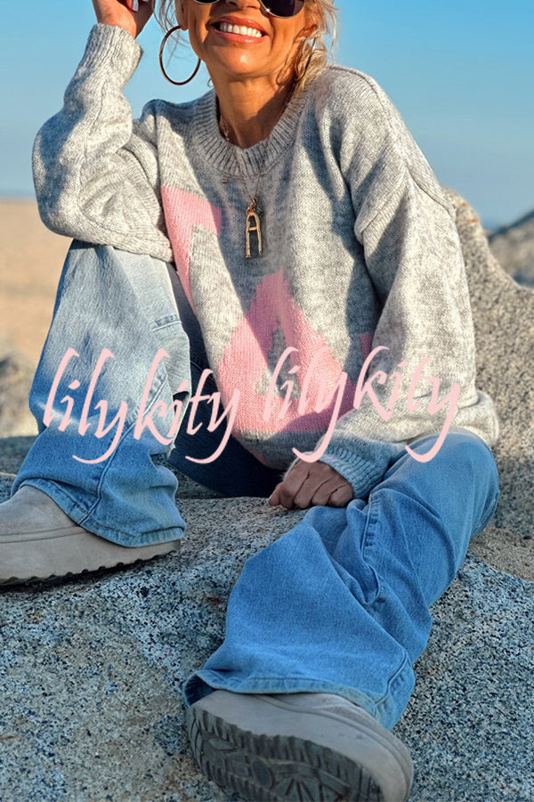 Letter Pattern Crew Neck Long Sleeve Loose Knit Sweater