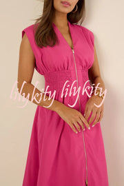 Workdays or Weekends Front Zipper Smocked Waist Pocket Loose Midi Dress