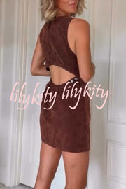 Atlas Faux Suede Open Back Button Accents Zipper Mini Dress