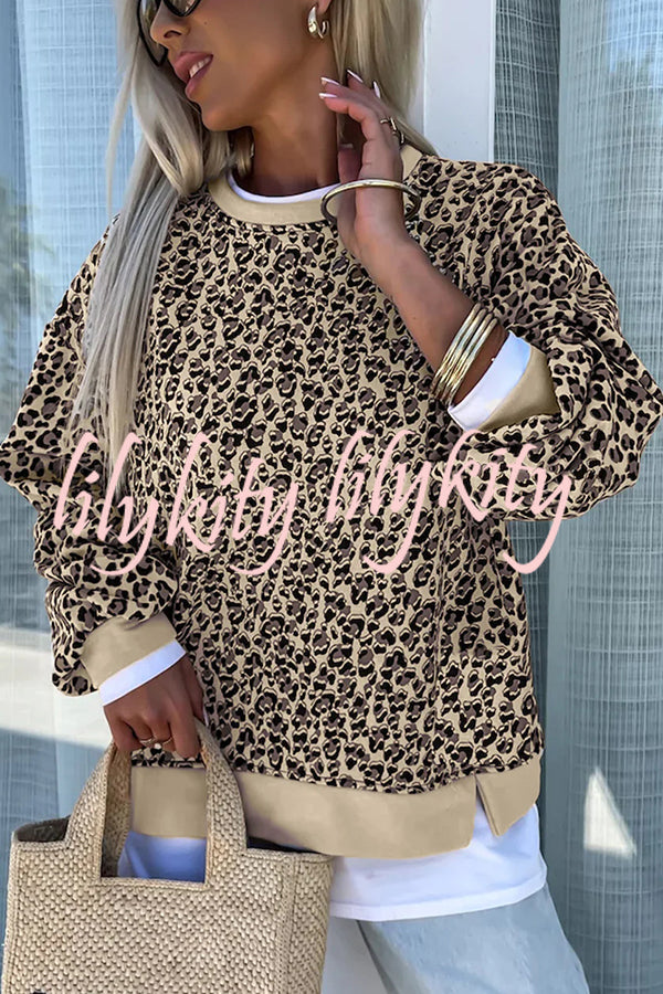 Leopard Print Crew Neck Patchwork Long sleeve Casual Loose Sweatshirt