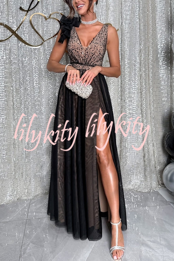 Everlasting Party Sequin Tulle Ruffles Shoulder Design Slit Maxi Dress