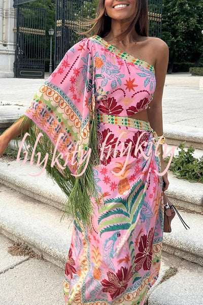 Fruits Queen Unique Print One Shoulder Fringe Detail Scarf Midi Dress