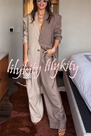 Girl Boss Avant-garde Contrast Colors Lapel Boyfriend Blazer and Pocketed Wide Leg Pants Set