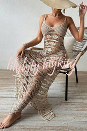 Sexy Sleeveless Sling Hollow Knit Cover-up Maxi Dress