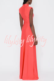 Genis Hollow Elastic Bust High Neck Sleeveless Gathered Maxi Dress
