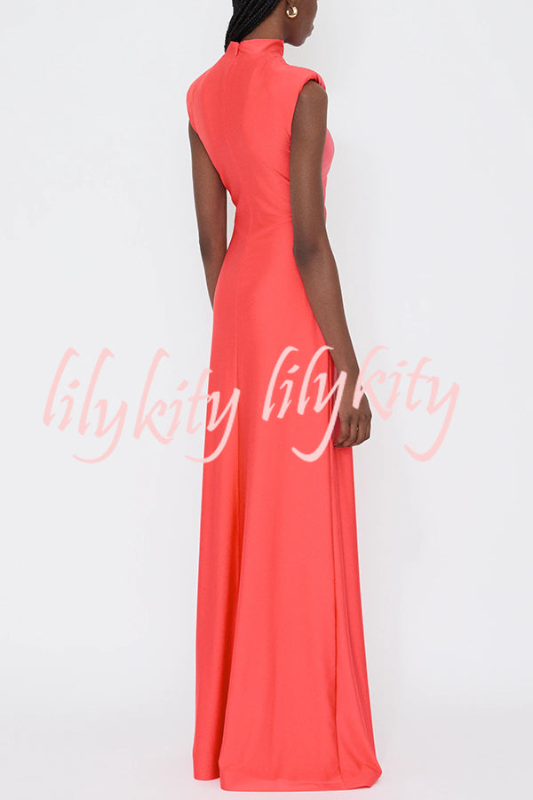 Genis Hollow Elastic Bust High Neck Sleeveless Gathered Maxi Dress