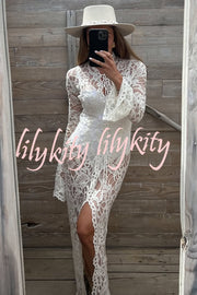 Garcelle Floral Lace Lace-up Long Bell Sleeve Slit Midi Dress