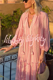 Marrakech Stories Linen Blend Printed Balloon Sleeve Pocketed A-line Midi Dress