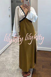 Lainei Contrast Color Satin Lace Trim V-neck Long Sleeve Maxi Dress