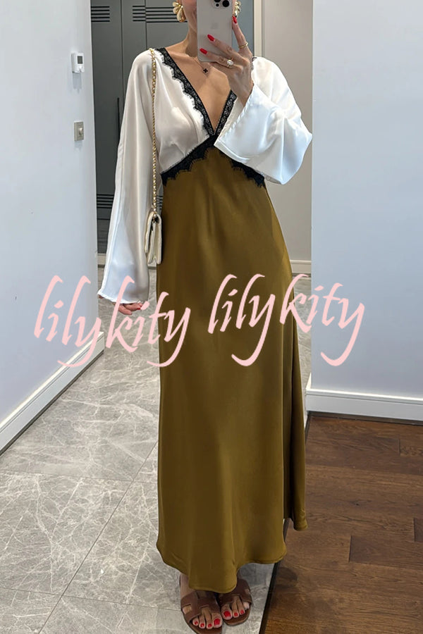 Lainei Contrast Color Satin Lace Trim V-neck Long Sleeve Maxi Dress