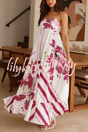 Botanical Print Halter Square Neck Pleated Loose Maxi Dress