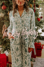 Christmas Night Satin Loose Shirt and Elastic Waist Pocketed Pajama Set