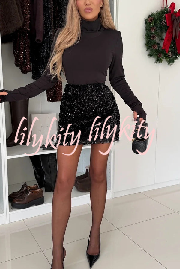 Polished Uptown Velvet Sequin High Rise Elastic Waist Mini Skirt