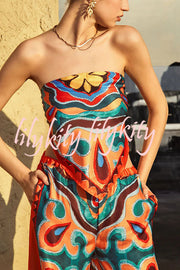 Ethnic Style Unique Print Tube Top and Elastic Waist Casual Pocket Wide Leg Pants Set