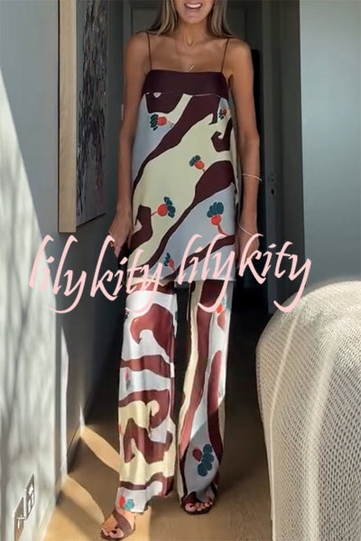 Loving Views Satin Unique Print a-line Tank and Elastic Waist Loose Pants Set