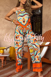Ethnic Style Unique Print Tube Top and Elastic Waist Casual Pocket Wide Leg Pants Set