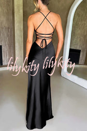 Satin Solid Color Sexy Backless Lace Up High Slit Maxi Dress