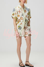 Beach Shell Print Short Sleeve Loose Shirt and Elastic Waist Tie Casual Pocket Shorts Set