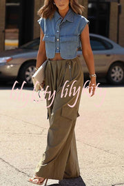Stylish Weekend Denim Button Up Cape Sleeve Pocket Crop Top