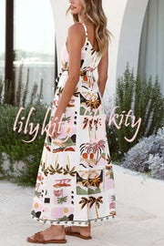 Unique Beach Vacation Print V-neck Suspenders Casual Wide-leg Jumpsuit