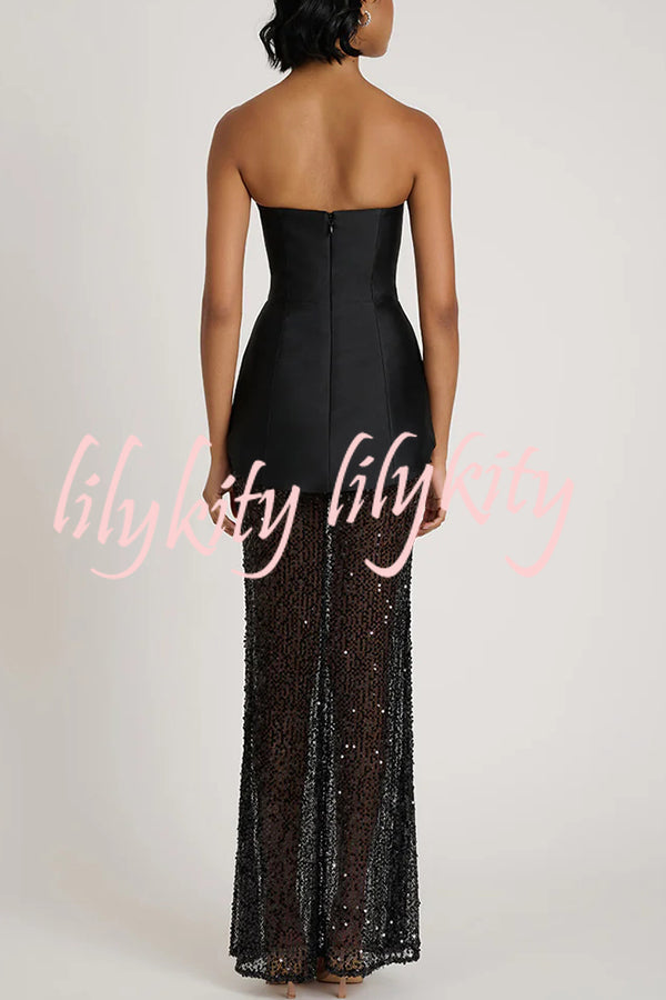 Nerissa Satin cutout metal ball Patchwork sequin hem strapless maxi dress