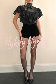 Avina Lace Bow Detail High Neck Cascading Ruffles Cropped Cape Top