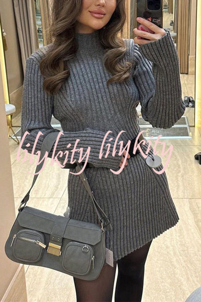 Beautiful Basic Ribbed Knit Long Slit Sleeve Flare Stretch Dress