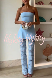 Trena Crochet Knit Hollow Mid Rise Stretch Wide Leg Pants