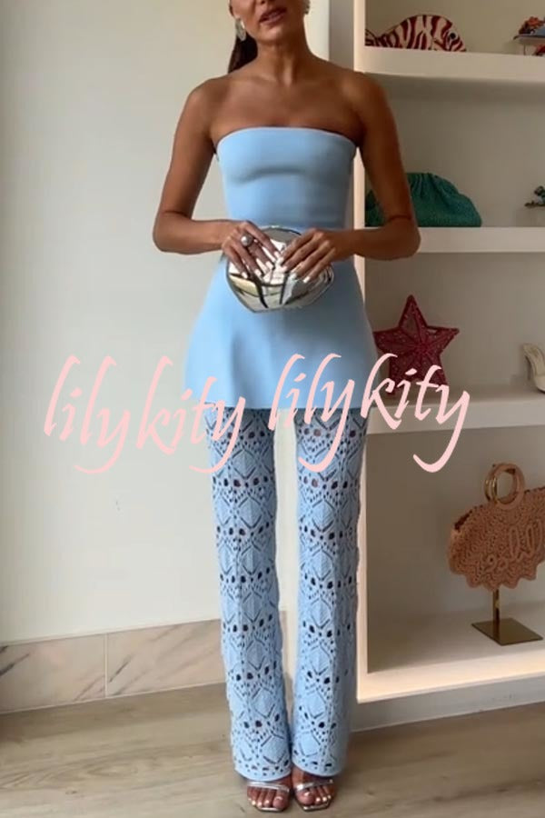 Trena Crochet Knit Hollow Mid Rise Stretch Wide Leg Pants