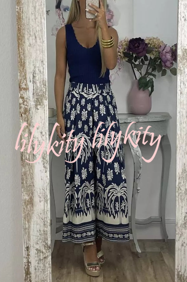 Unique Print Elastic Waist Loose Pocket Holiday Wide Leg Pants