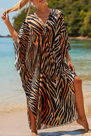 Simple Unique Printed Pleated Front Slit Cover Up