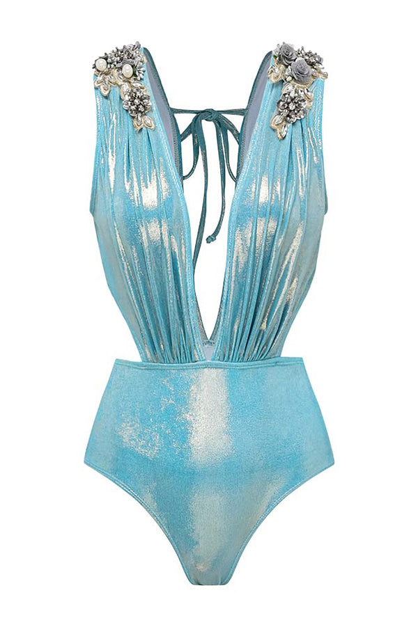 Solid Color Shiny Fabric Deep V Metal Embellished Stretch One-piece Swimsuit