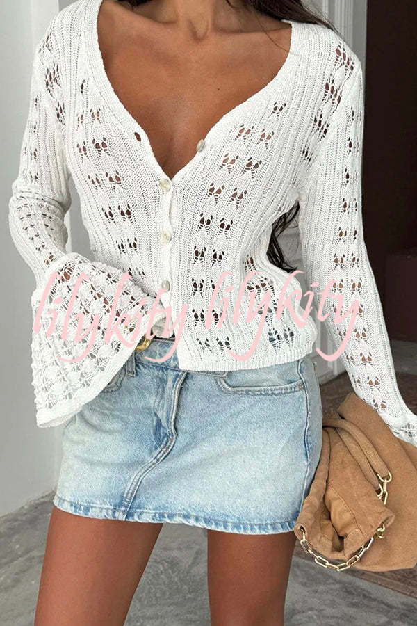 Fashion Hollow Button Long Sleeve V-neck Knitted Cardigan