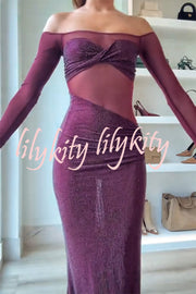 Forever Shimmering Sequin Mesh Patchwork Long Sleeve Strapless Stretch Maxi Dress