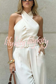 Solid Color Halterneck Sleeveless Waisted Casual Pocket Straight Jumpsuit