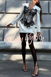 Saela Contrast Lace Corset Design V-neck Long Sleeve Tulip Mini Dress