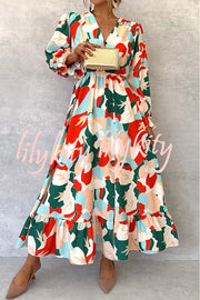 Colorful Printed V-neck Waist High Slit Ruffled Maxi Dress