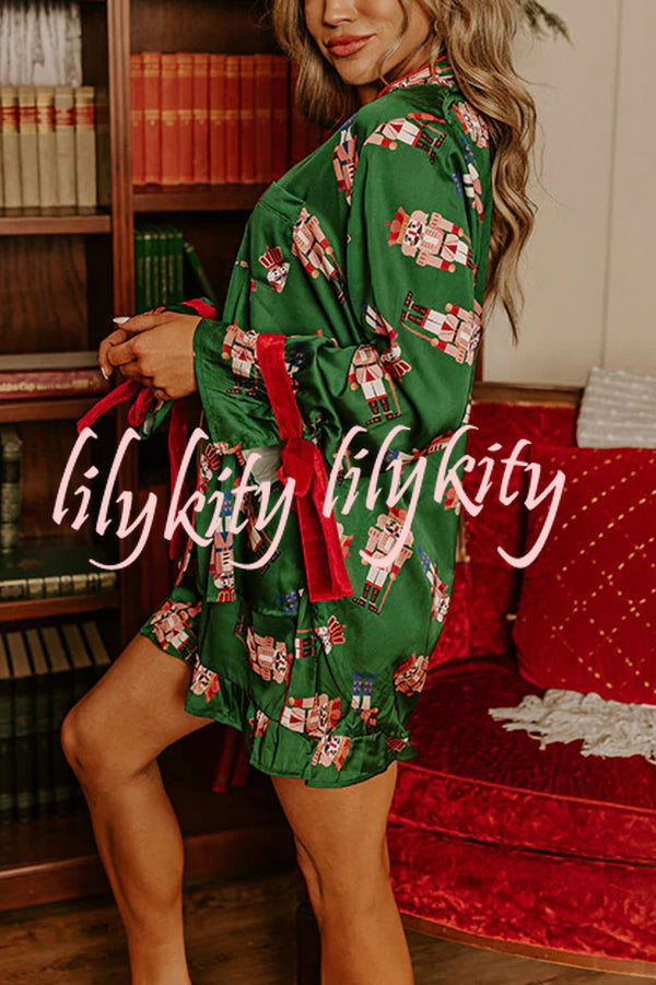 Christmas Dreaming Satin Nutcrackers Print Velvet Trim Elastic Waist Pocketed Pajama Shorts Set