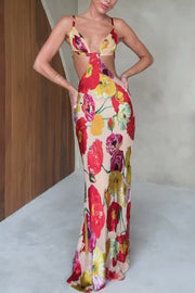 Hawaiian Dreams Satin Floral Print Cutout Backless Maxi Dress