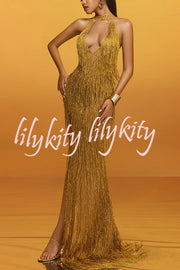 Glimmer Hour Shiny Layered Tassels Halter Cutout Neck Split Maxi Dress