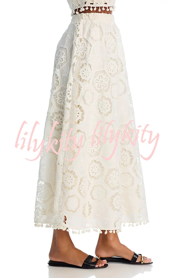 Nice Try Embroidered Crochet Lace Tassle Trim Elastic Waist Midi Skirt