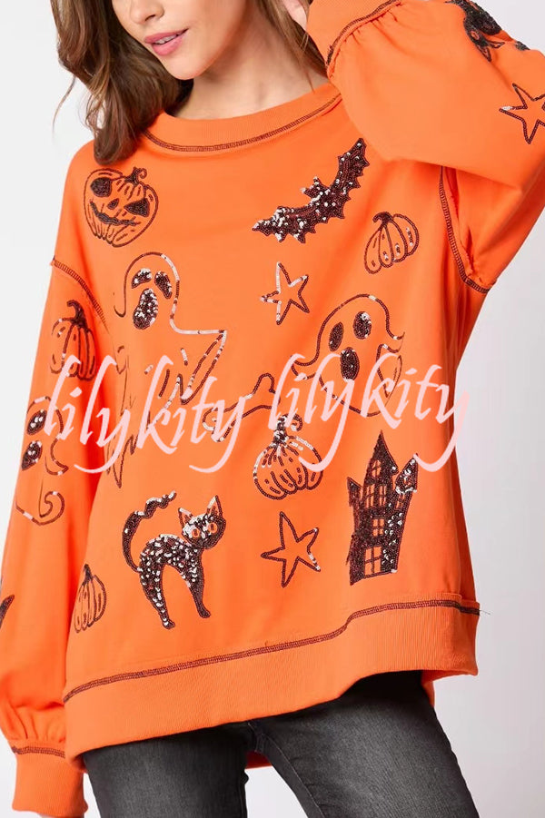 Halloween Graffiti Sequined Loose Casual Sweatshirt