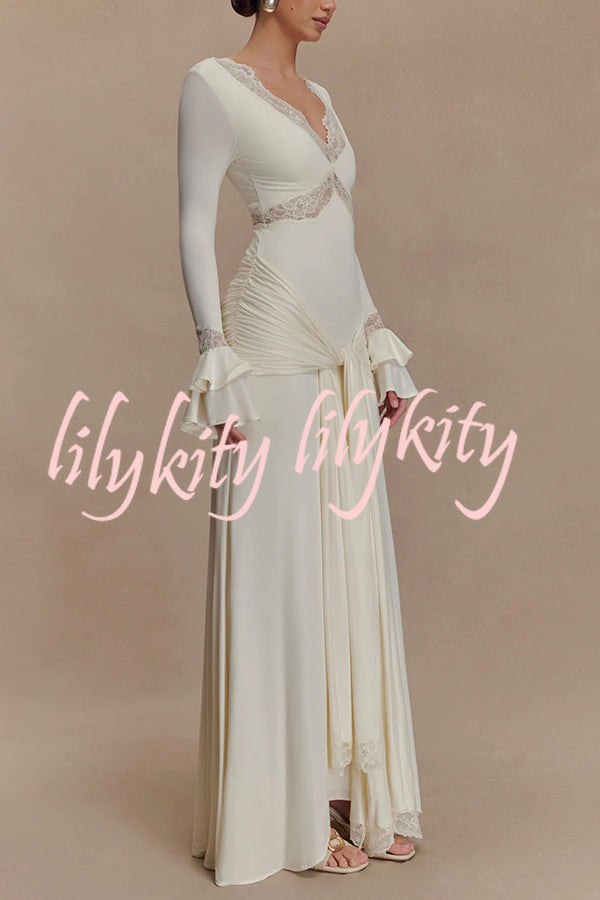 Fashion Lace Splicing Sexy V-neck Long-sleeved Slim Maxi Dress