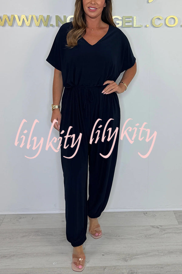 Solid Color V-neck Short-sleeved Waist-tied Loose Casual Jumpsuit