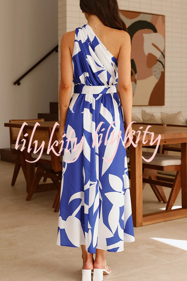 Unique Print Sleeveless One Shoulder Belted Maxi Dress