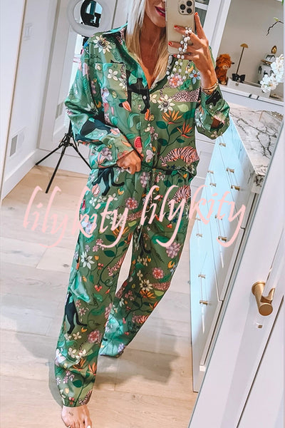 Quiet Jungle Satin Unique Print Long Sleeve Shirt and Elastic Waist Pocket Lounge Pants Set